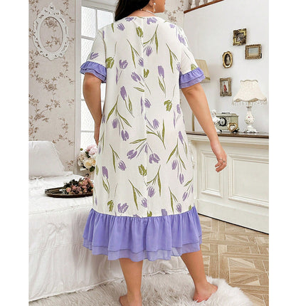 Loose Large Size Nightgown Women's Spring and Summer New European and American-style High-end Sweet Color dress Home Clothes Pajamas