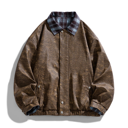 Men's Jacket Spring and Autumn Large Size Loose American Style Trendy Jacket Lapel Motorcycle Casual Retro Versatile Leather Jacket Top