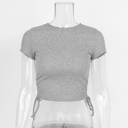 2025 Summer New Amazon European and American Women's Crewneck Drawstring Short-sleeved T-shirt Cotton Rib Slim Fit Crop Top