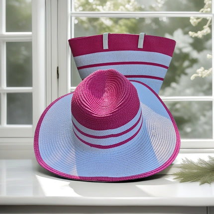 Cross-Border Straw Hat Straw Bag Two-Piece Set Sun Hat Large Capacity Striped Tote Bag Shoulder Bag Beach Bag Factory Store