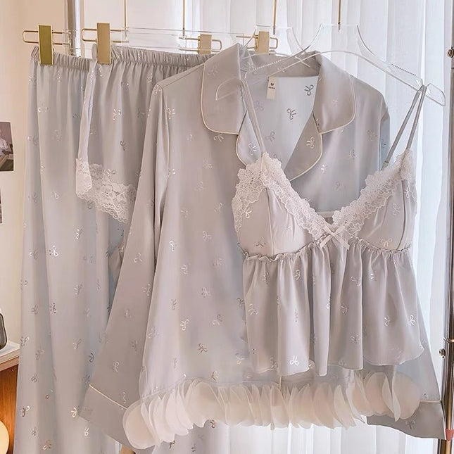 Spring and Summer New Pure Desire Wind Bow Ice Silk Pajamas Women's Four-piece Sling Shorts Sexy Sling Home Clothes