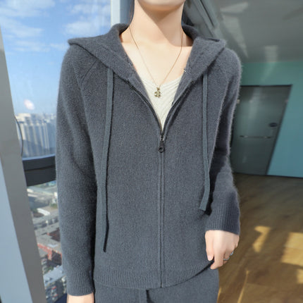 2024 Autumn and Winter New Pure Wool Hooded Sweater Cardigan Women's Loose Casual Zipper Knitted Sweater Coat Hoodie