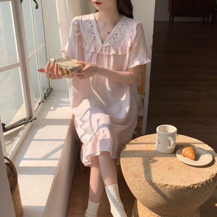 Oh Mi Da Summer New Sweet Court Princess Wind Clouds Cotton Mid-length Women's Short-sleeved dress Home Clothes