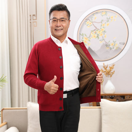 Autumn and Winter Thickened Middle-aged and Elderly Sweater Wool Pure Face Solid Color Jacket Cardigan Elderly Couple Dress Red Festive Parents