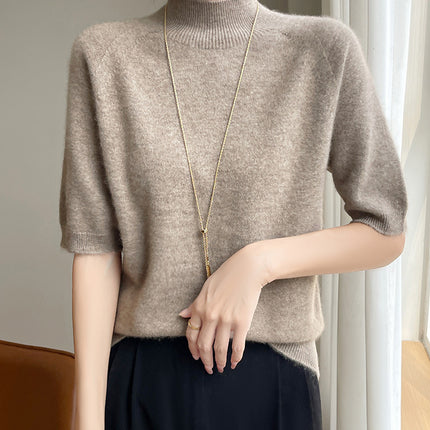 One-Piece Seamless Autumn and Winter Half-High Collar Five-Quarter Sleeve Knit Top for Women, Loose Short-Sleeve T-Shirt Knit Top for Layering