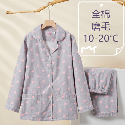 Brushed pajamas women's Japanese-style cotton flannel Spring and Autumn new warm non-printed same style outdoor home wear suit