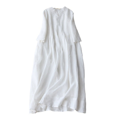 Cotton Linen dress Women's Small Vertical Collar Elegant Organ Pleated Seven-point Sleeve Loose Floating Elegant Solid Color Long Dress Summer New