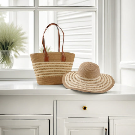 Cross-Border Straw Hat Straw Bag Two-Piece Set Sun Hat Large Capacity Striped Tote Bag Shoulder Bag Beach Bag Factory Store