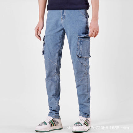 in stock Tooling Jeans Multi-Pocket Tannin Guangzhou Xintang Denim Factory Micro-Elastic Small Straight Jeans