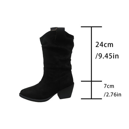 Chunky Heel Retro Brown V-Cut Mid-Calf Boots for Women 2025 Autumn/Winter Pointed Toe Western Cowboy Boots Cross-Border