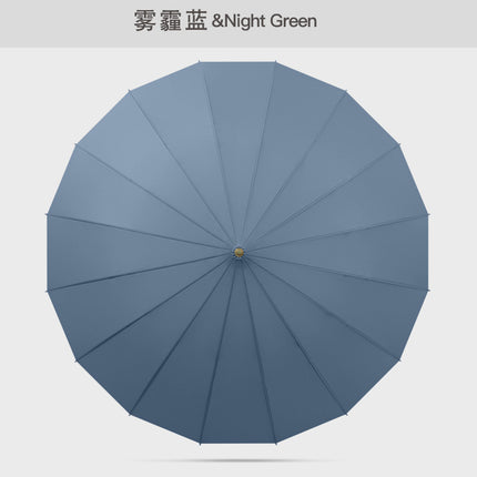 Solid color fresh 16-bone long handle umbrella double large rain-resistant straight rod umbrella High-looking ring handle long handle umbrella