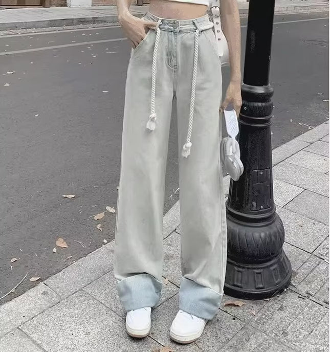 American jeans women's spring 2024 new pants slimming high waist wide leg pants loose draping mop pants