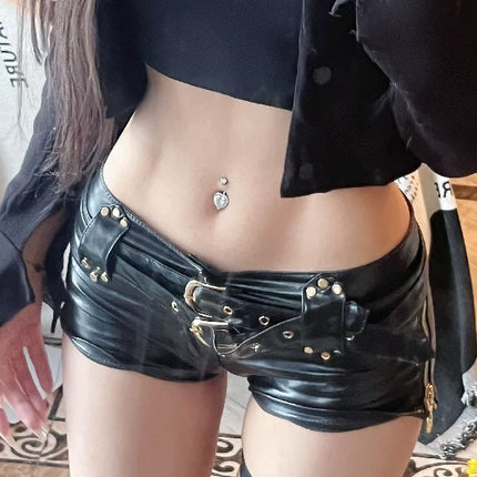Women's sexy low waist PU leather motorcycle belt Super shorts, European and American Retro nightclub