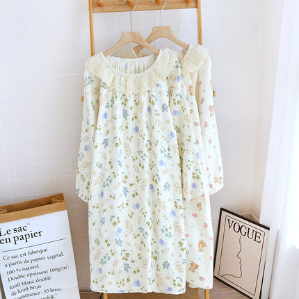 Spring and Autumn Cotton Double-layer Crepe Lace Collar Long-sleeve Pullover Printed Dress Summer Loose Thin Yarn Round Neck Home Clothes
