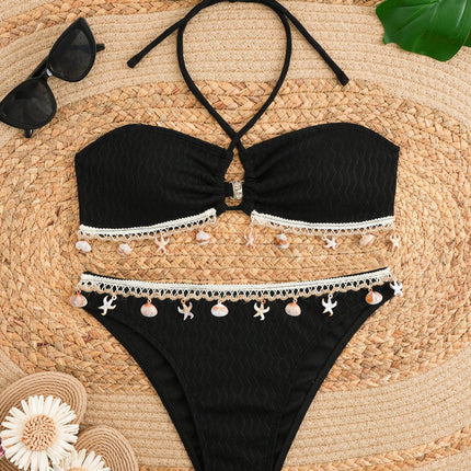 Cross-Border European and American New Bikini Shell Pendant Sexy Strap Halterneck Pure Color Swimsuit Swimsuit Women's Bikini