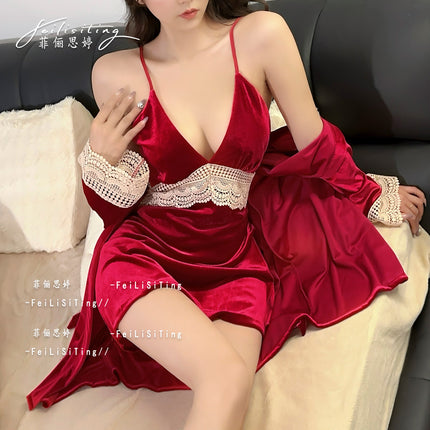 Sexy Gold Velvet Pajamas Autumn and Winter New Chest Pad Sling Nightgown suit Nightgown Lace Two-Piece Home Clothes