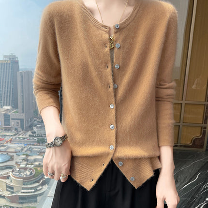 2025 Spring and Autumn New Round Neck Cashmere Knitted Cardigan Women's Loose All-match Sweater Coat Long Sleeve Soft Waxy Top