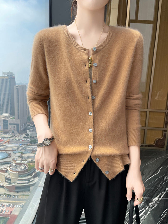 2025 Spring and Autumn New Round Neck Cashmere Knitted Cardigan Women's Loose All-match Sweater Coat Long Sleeve Soft Waxy Top