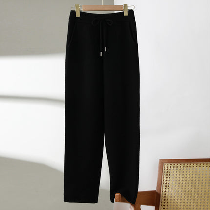 New Pure Wool Leggings Women's Fashion Casual Thickened Knitted Pants Solid Color Lace-up Sesame Dot Outer Pants Trousers