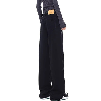 Black Straight-Leg Jeans for Women, Trendy Versatile New High-Waisted Slimming Plus-Size Casual Loose Drape Wide-Leg Pants