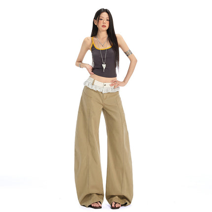 Khaki Scimitar Wide-Leg Jeans for Women 2025 Summer New High-Waisted Loose Lace Design Sickle Pants