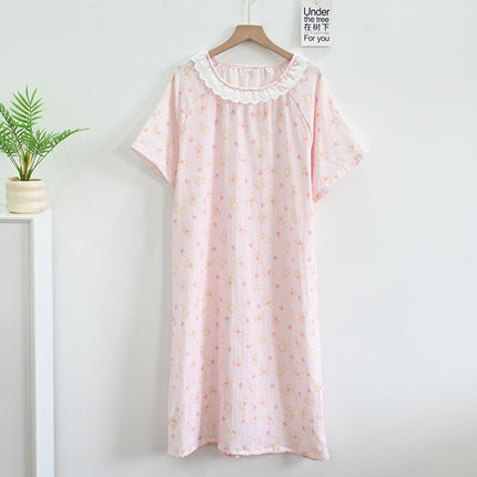 Summer Baby Cotton Gauze Short-Sleeved Thin Nightgown for Women Cartoon Lace Round Neck Breathable Cotton Home Clothes Can Be Worn Outside
