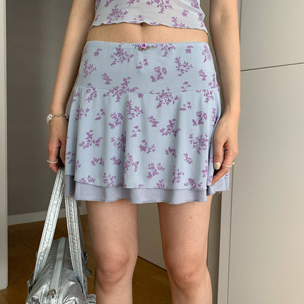 Dorothy Summer New Arrival South Korea Blogger Skirt Mesh Ear Edge Floral Patchwork Low-Waist Mini Skirt