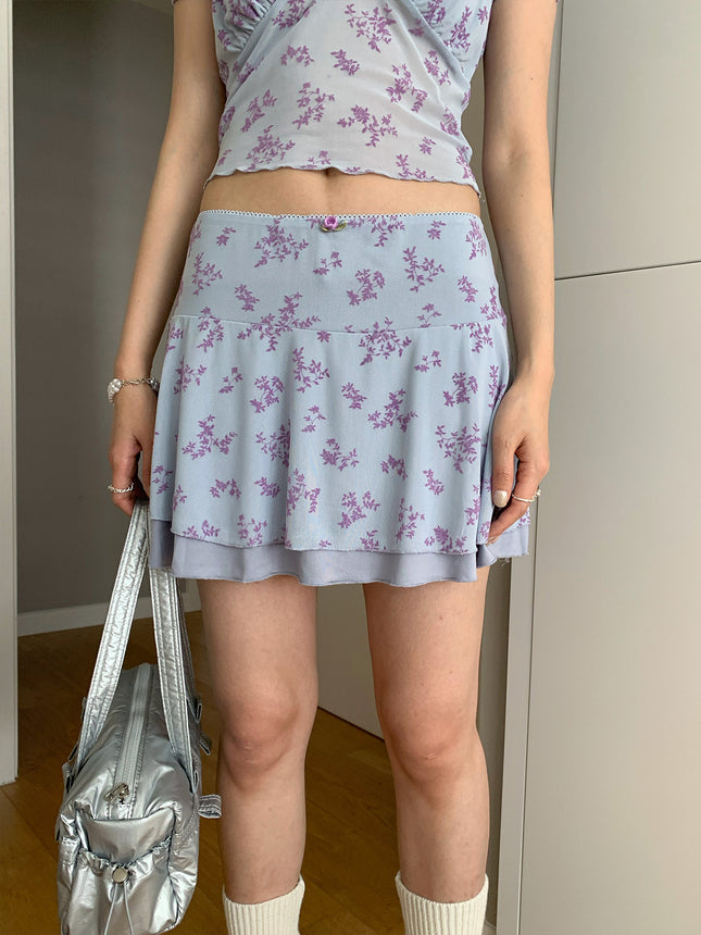 Dorothy Summer New Arrival South Korea Blogger Skirt Mesh Ear Edge Floral Patchwork Low-Waist Mini Skirt