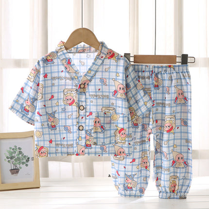 Children's Home Clothes Cotton Silk Suit Summer Boys and Girls Pajamas Artificial Cotton Two-Piece Set Cotton Silk Air-Conditioned Clothes Kidsren's Clothing