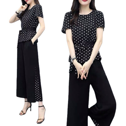 One-piece/Set Large Size Stylized Age-reducing Belly-covering Top Women's Polka Dot Short-sleeved Korean Style Wide-leg Pants Two-piece Set Fashionable