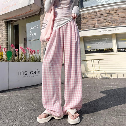 Blue Plaid Pants for Women, Summer Thin Style 2025 New High-Waisted Drape Casual Yamamoto Pants, Straight-Leg Casual Wide-Leg Pants