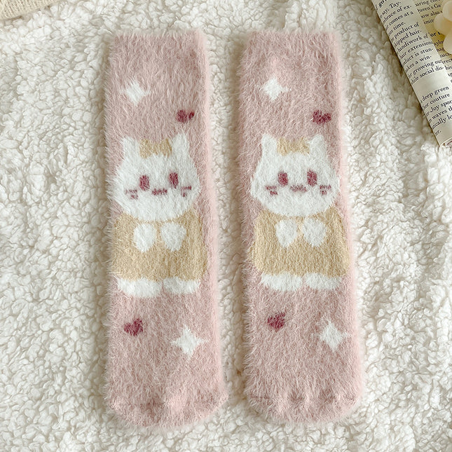 Mink velvet socks for women autumn and winter thickened warm cute home cartoon plush sleeping floor mid-calf confinement socks