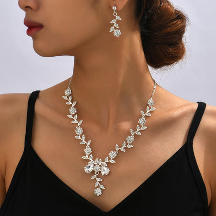 New Cross-Border Wholesale Bridal Rhinestone Water Drop Necklace and Earrings Jewelry Set for Women's Evening Dress Accessories