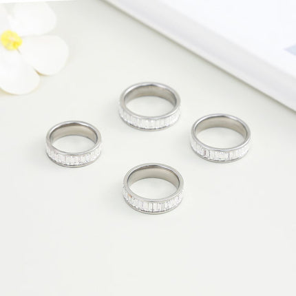 Cross-border plain ring stainless steel ring rectangular zircon ring titanium steel diamond lovers ring jewelry wholesale