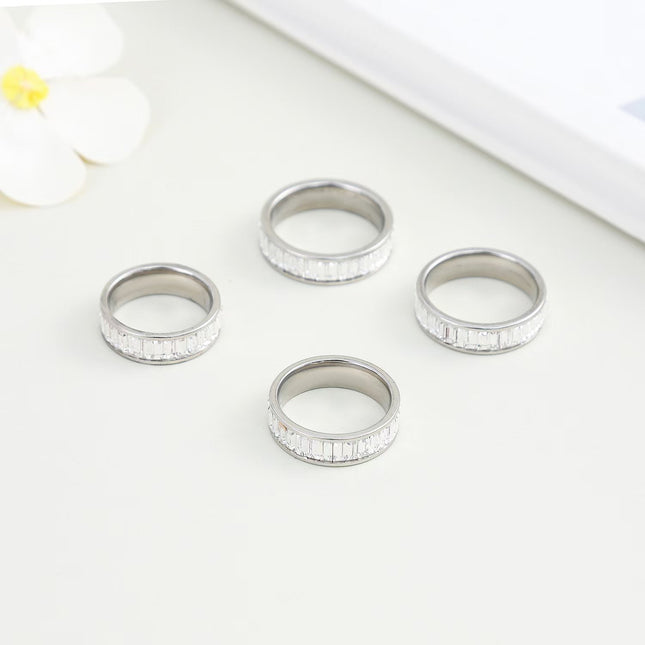 Cross-border plain ring stainless steel ring rectangular zircon ring titanium steel diamond lovers ring jewelry wholesale