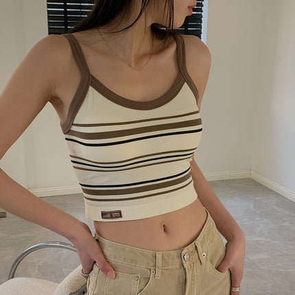 Spring and summer ins style new thread stripe bottoming camisole women's one-piece cup non-wearing text