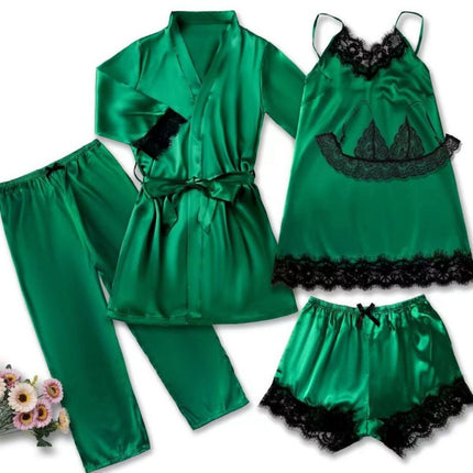 2024 New Sexy Pajamas Women's Spring and Summer Five-Piece Silk Black Lace Slip Skirt Long-Sleeved Nightgown Home Clothes
