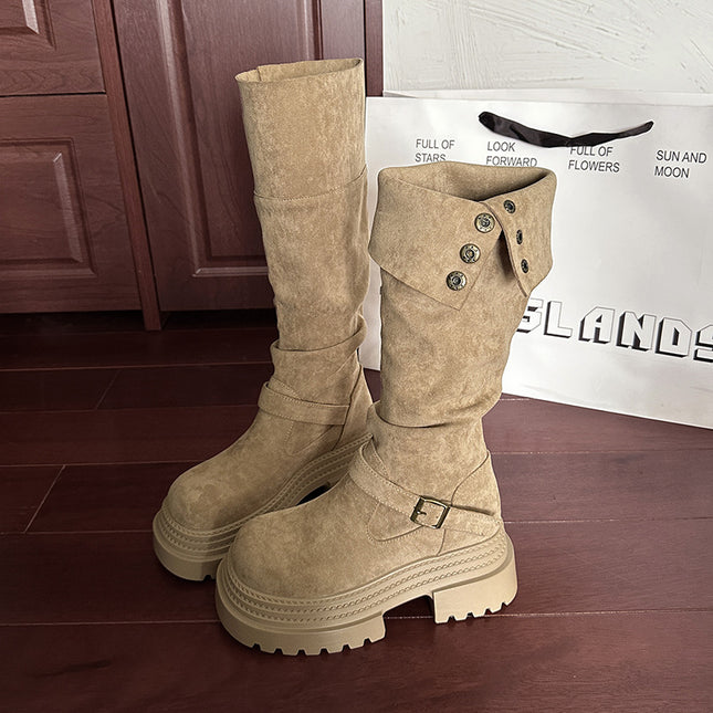 Thick-Soled Boots for Women 2025 New Autumn and Winter Retro Suede Slim Boots No More Than Knee-High Knight Boots