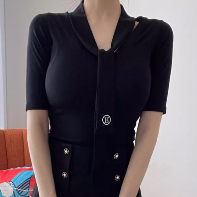South Korea Dongdaemun V-neck Strap Sexy Figure Feminine Tight Slimming All-match Short-sleeved T-shirt Top Women's Clothing