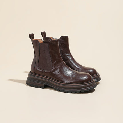 Casual and Good-Looking ~ Retro British Style Round Toe Thick Heel Thick Sole Chimney Boots Chelsea Boots Short Boots for Women Autumn and Winter New Style