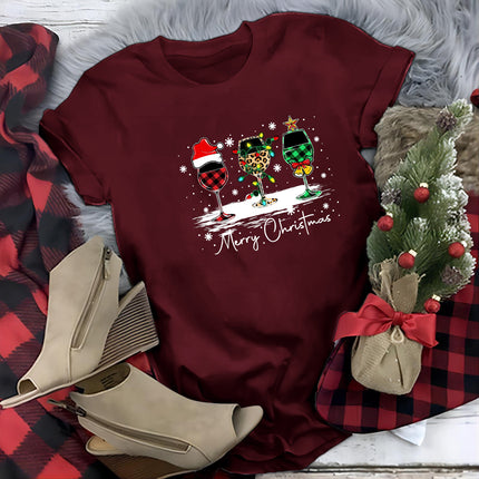 Women Casual Fun Crew Neck Tees Christmas t Shirt Red Wine g