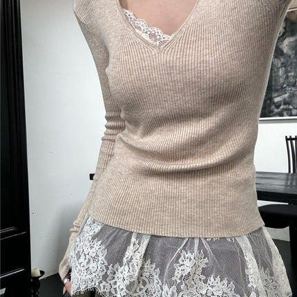 1085# V-Neck Elegant Lace Skirt Beautiful Camisole Autumn and Winter Fart Curtain Stitching Mesh Sleeveless Top