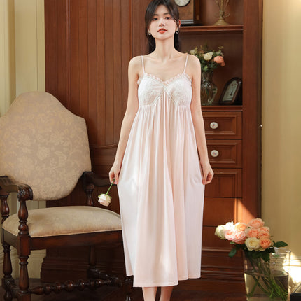 Pure Cotton Suspender Nightgown for Women, Summer French Style Sexy Lace Pure Desire Long Nightgown with Breast Pads, Can Be Worn Outside as Home Wear