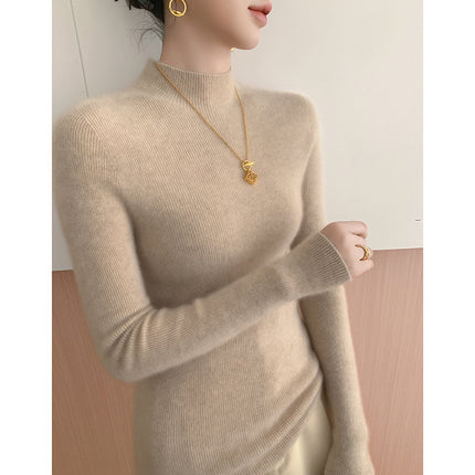 High-End Seamless Slim-Fit Cashmere Sweater for Women, Half Turtleneck, New Autumn/Winter 2024 Base Layer