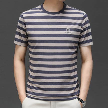 Mingdi Mouse Men's Summer New Short-sleeved Young and Middle-aged Crewneck T-shirt Business All-match Striped Men's T-shirt Top
