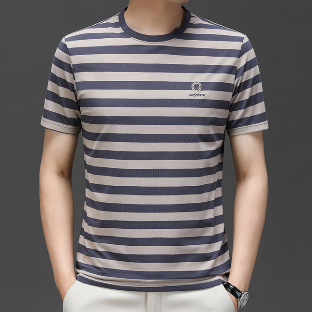Mingdi Mouse Men's Summer New Short-sleeved Young and Middle-aged Crewneck T-shirt Business All-match Striped Men's T-shirt Top