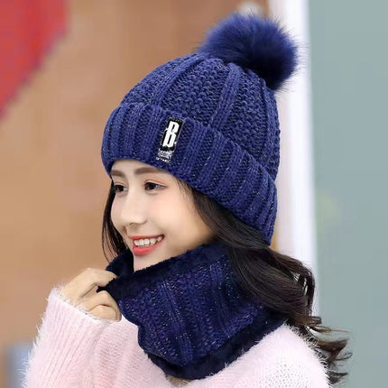 Winter Knitted Women's Hat Fur Ball Fleece-Lined Ear Protection Warm Two-Piece Hat Scarf Letter Mark Knitted Woolen Hat