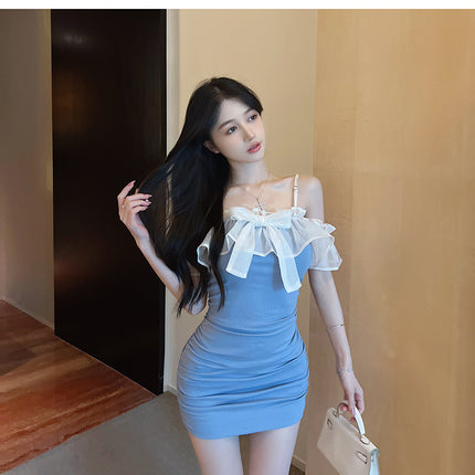 Summer New Style Mini Dress with One-Shoulder Straps and Bow, Elegant Design with a Socialite Vibe 7171