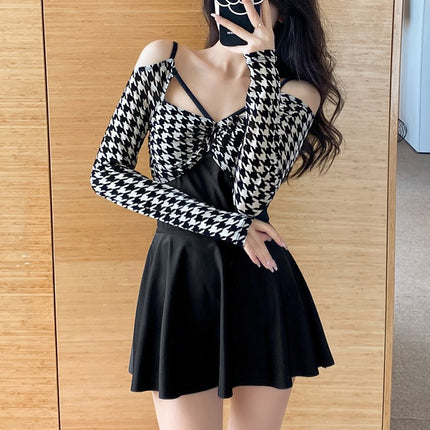 Swimsuit Women's Skirt-style One-piece Two-piece Set Conservative Belly-covering Slimming Sexy Beautiful Back Long-sleeved Super Fairy ins Small Chest Hot Spring