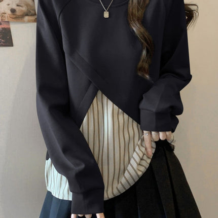 Plus-Size Women's Loose Striped Patchwork Faux Two-Piece Top for Autumn, Slimming Versatile Regular Shoulder Base Shirt